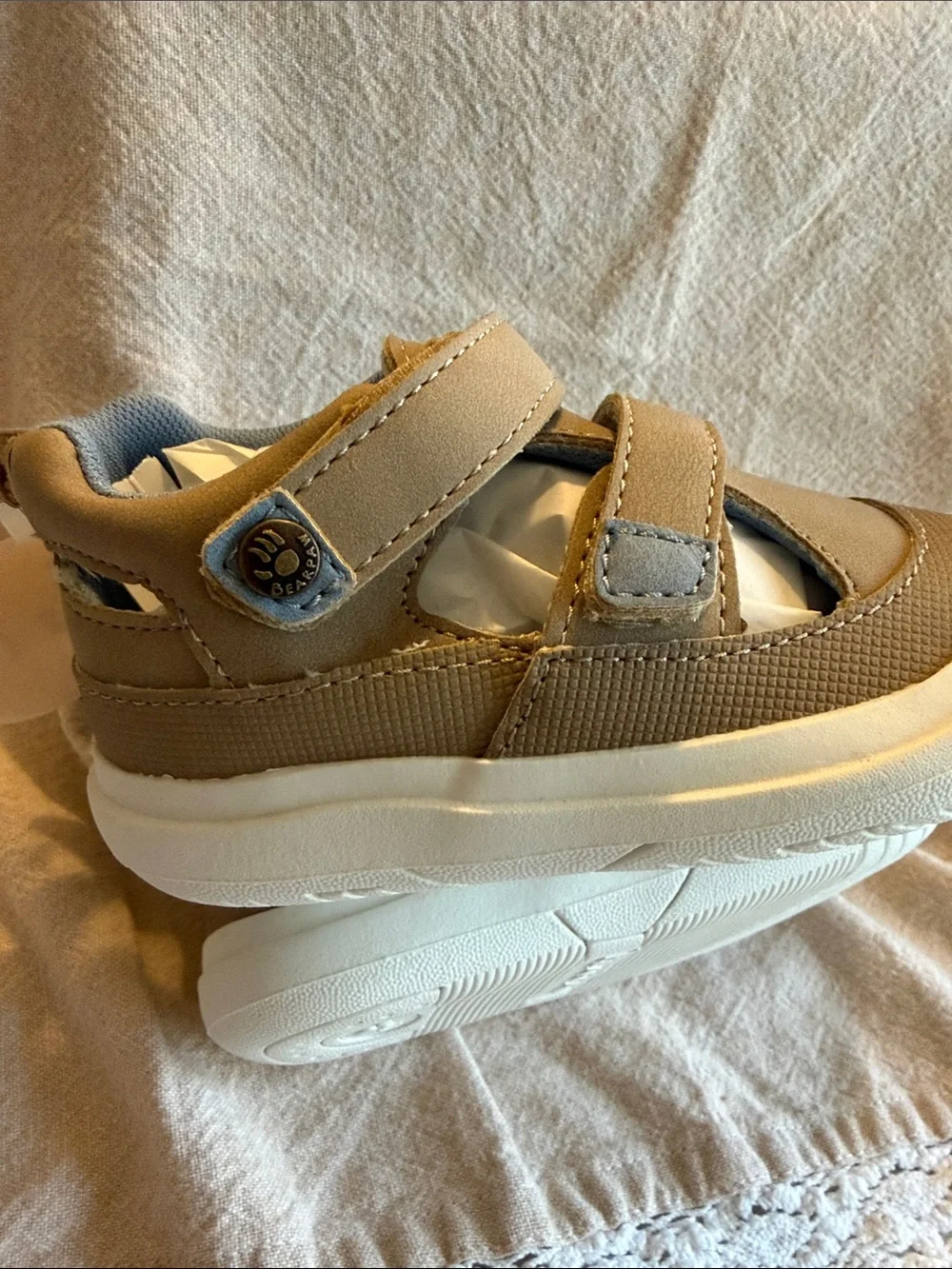 NWT ~ BearPaw Kids Tan and Light Blue Velcro Sneakers SZ 6